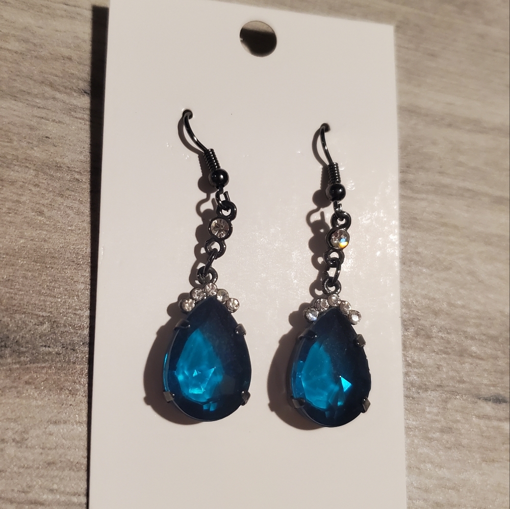 Blue Gem Stone Teardrop Earrings Rhinestone Dangle Vintage Style